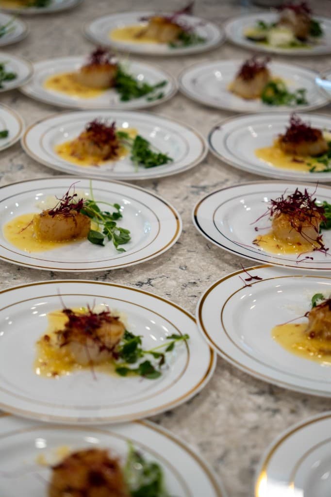 Seared scallops plated for a wine and food pairing course