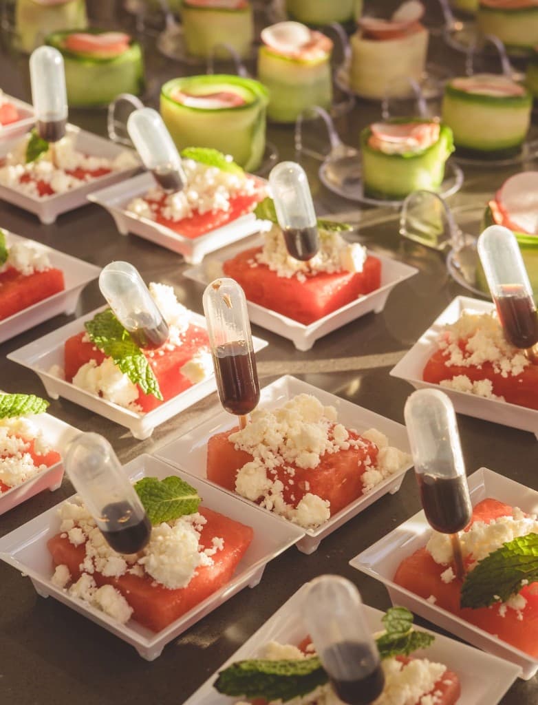 Watermelon bites with feta and balsamic pipettes